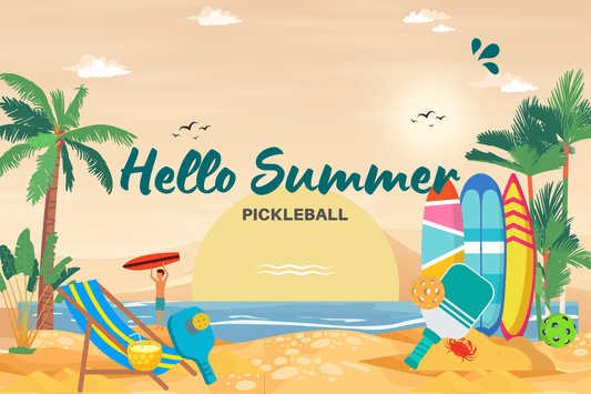 Hello Summer Pickleball Meetup with colorful paddles and beach scene promoting the event at Garden International School on 3rd June 2024.