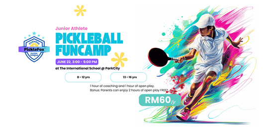 Junior Athlete Pickleball Funcamp poster for event at The International School @ ParkCity on June 22, 3-5 PM, featuring coaching and open play.