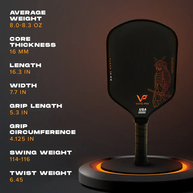 Vatic Pro Saga Flash pickleball paddle specifications including weight, dimensions, and grip details on a sleek display.