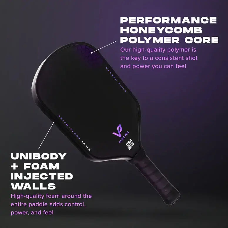 VATIC PRO PRISM FLASH 14mm pickleball paddle showcasing a honeycomb polymer core and foam injected walls for enhanced control and power.