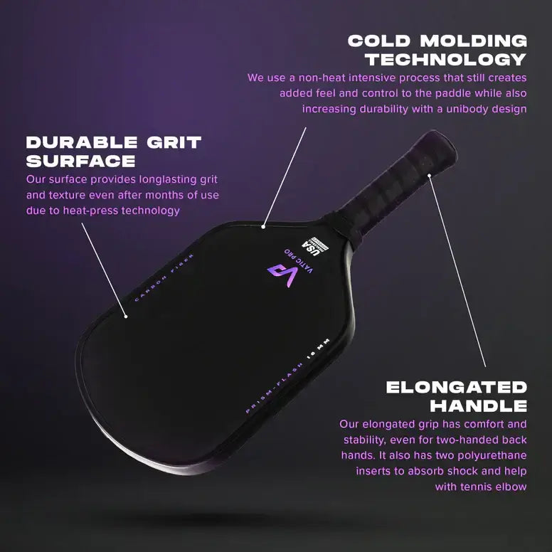 VATIC PRO PRISM FLASH 14mm pickleball paddle features cold molding tech, durable grit surface, and an elongated handle for optimal play.