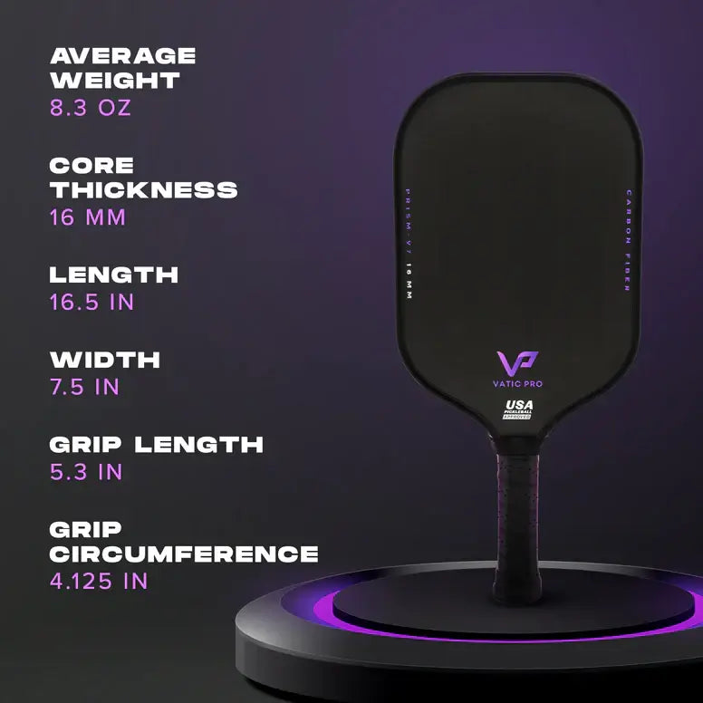 Vatic Pro Prism V7 pickleball paddle showcasing key specifications like weight, core thickness, and dimensions.