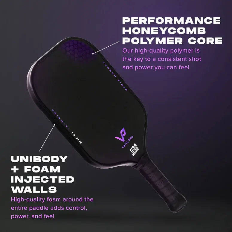 Vatic Pro Prism V7 pickleball paddle showcasing its honeycomb polymer core and unibody foam injected walls.