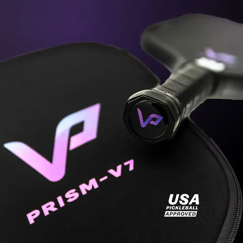 Vatic Pro Prism V7 pickleball paddle with logo and USA Pickleball approved label, showcasing carbon fiber design.