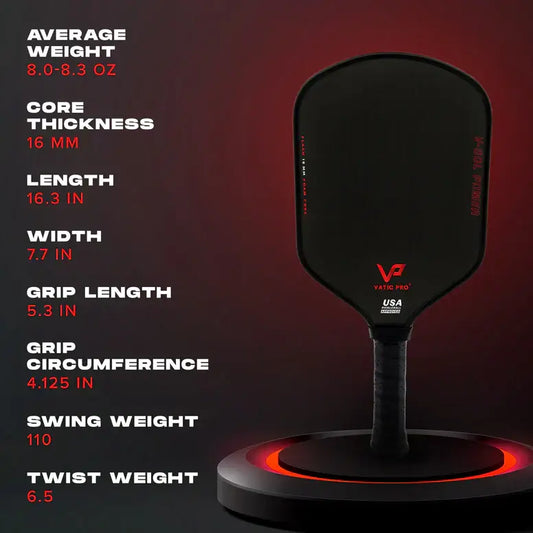Vatic Pro V-SOL POWER Flash paddle specifications including average weight, core thickness, and dimensions.