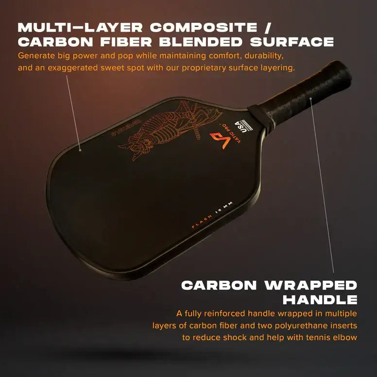 VATIC PRO SAGA FLASH paddle featuring multi-layer composite, carbon fiber surface, and carbon-wrapped handle for ultimate performance.