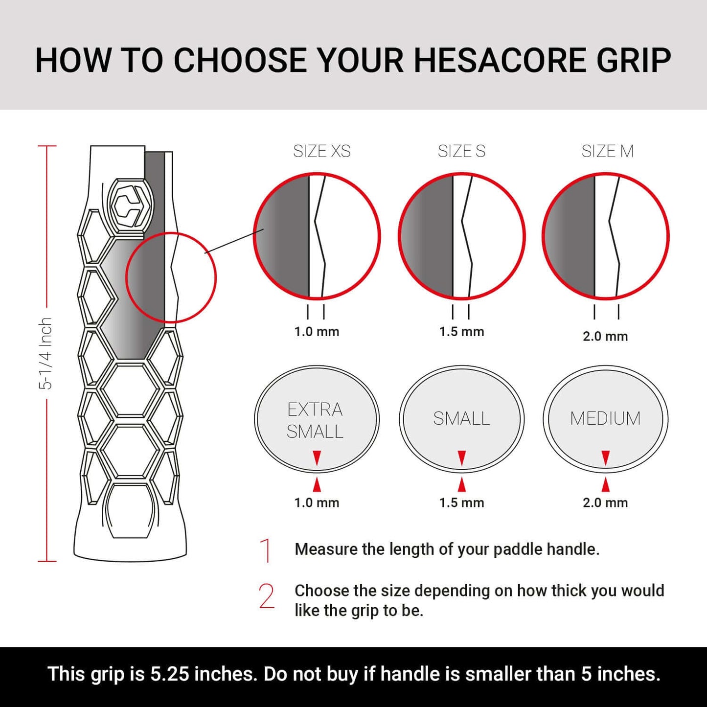 Diagram showing how to choose the correct size for a Hesacore pickleball grip based on paddle handle length and grip thickness.