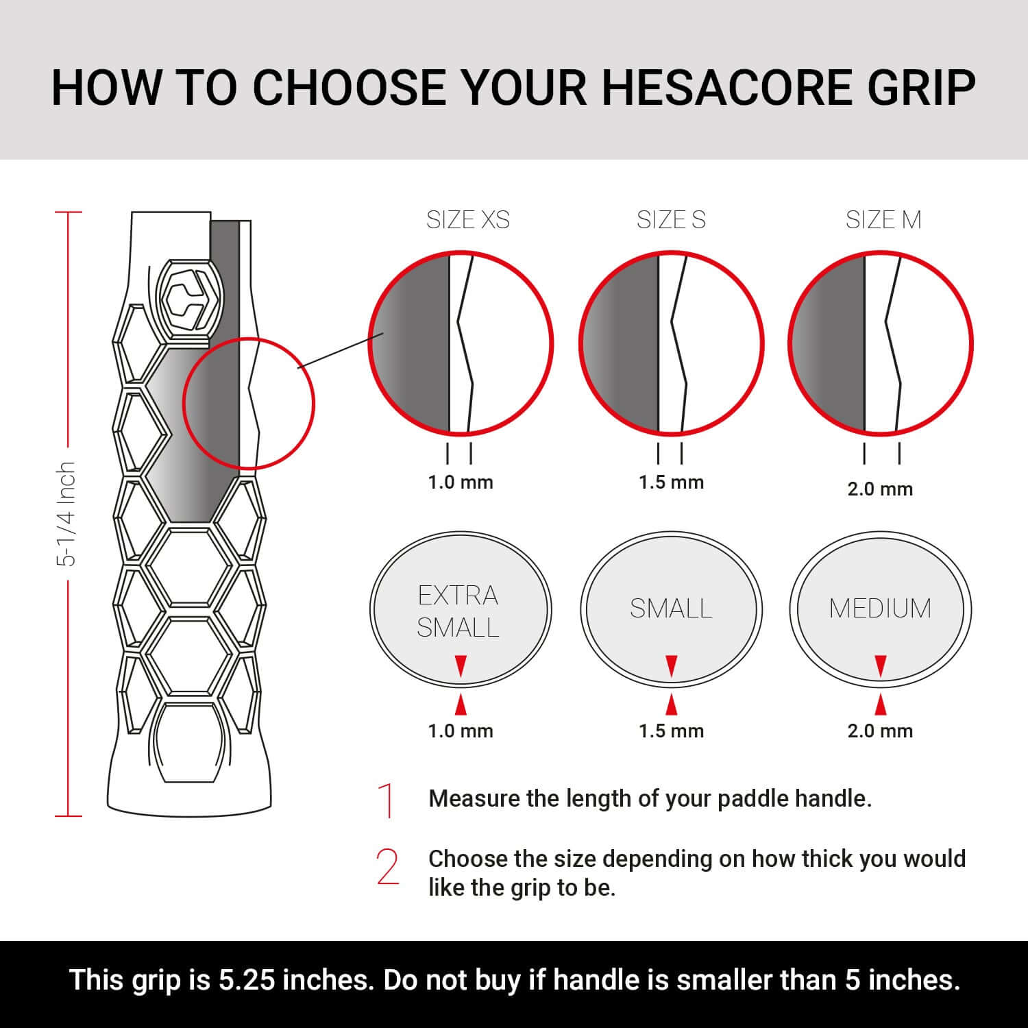 Diagram showing how to choose the correct size for a Hesacore pickleball grip based on paddle handle length and grip thickness.
