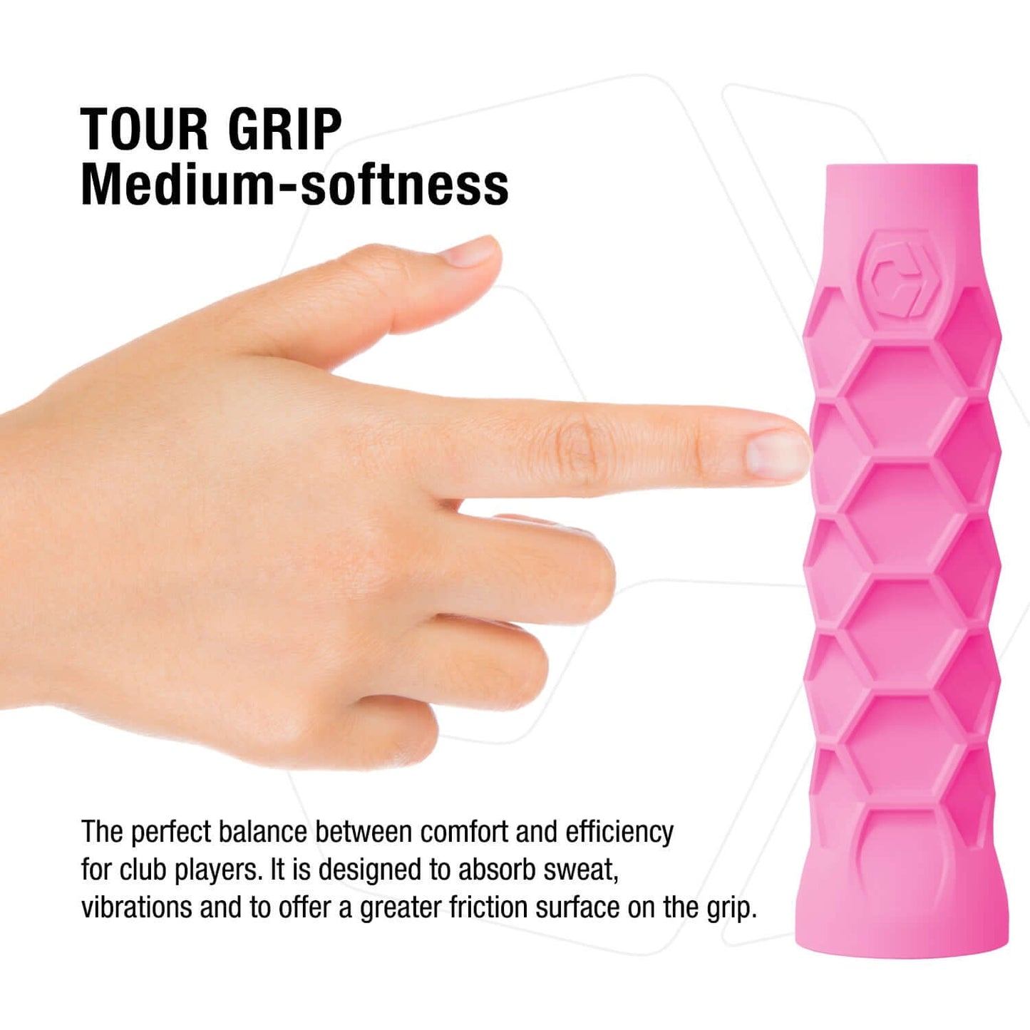 Hesacore XS Pickleball Grip in Pink, 5.25 inches long, regular soft feel, medium-softness grip, shown with honeycomb pattern for club players