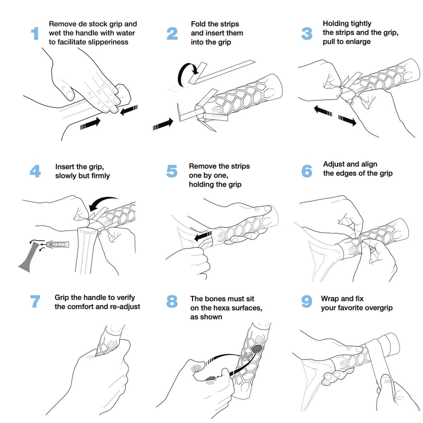 Installation instructions for Hesacore XS Pickleball Grip with steps from stock grip removal to final adjustments on hexagonal surfaces.
