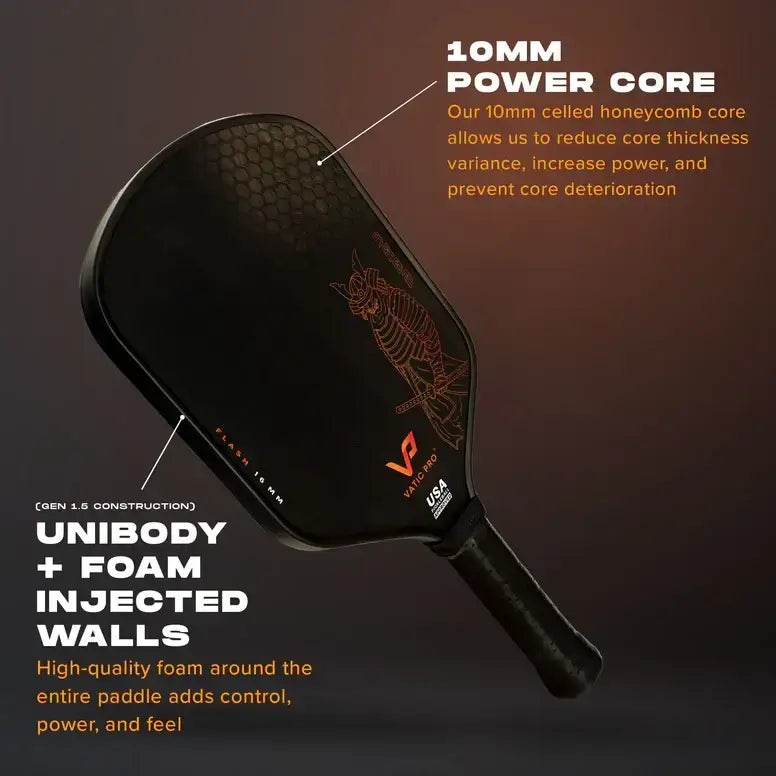 VATIC PRO SAGA FLASH paddle showing 10mm power core and foam injected unibody design for enhanced control and power.