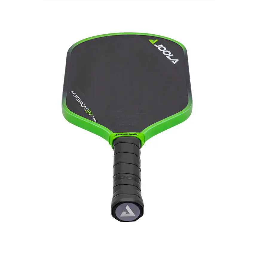 JOOLA Ben Johns Hyperion 3S 14mm pickleball paddle with green edge and black face, showcasing its sleek design.