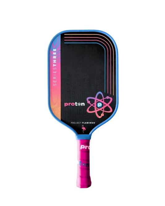 Proton Sports Series Three Project Flamingo paddle featuring colorful design and ergonomic grip for enhanced performance.