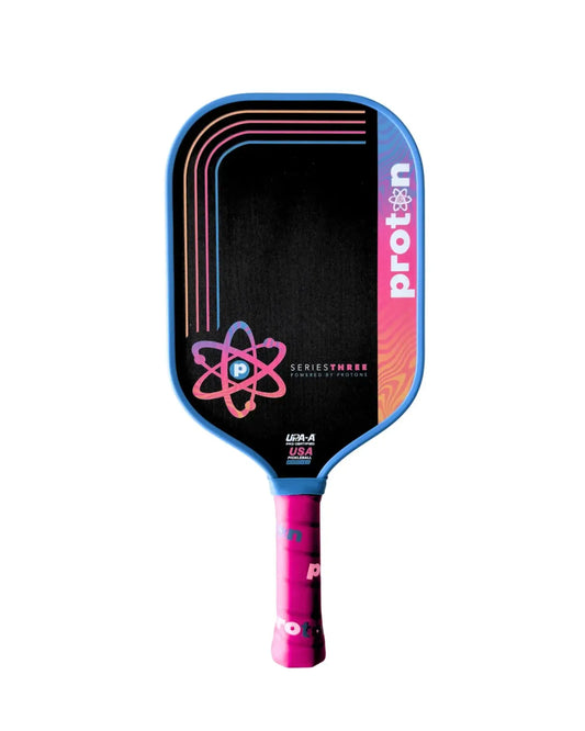 Proton Sports Series Three Project Flamingo pickleball paddle with vibrant colors and durable carbon fiber surface.
