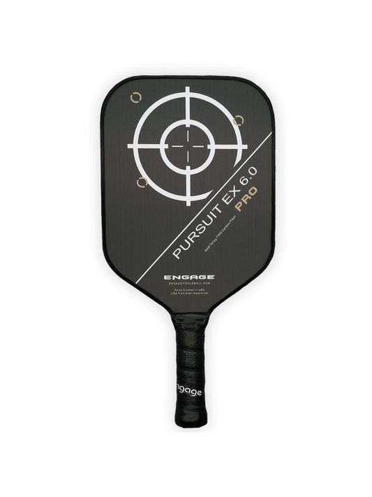 Engage Pursuit PRO EX 6.0 pickleball paddle with Toray T700 carbon fiber technology, featuring a black design and target graphic.
