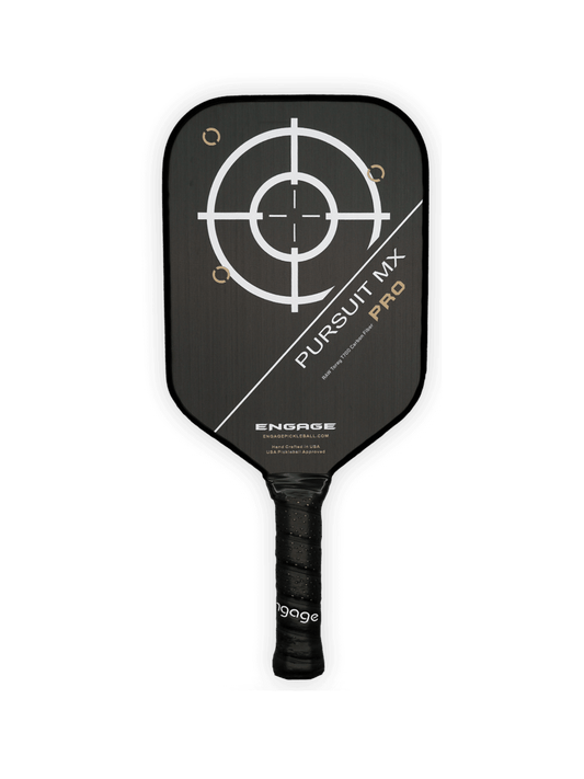 Engage New Pursuit PRO MX Lite Elongated paddle with raw T700 carbon fiber design and target graphic on face