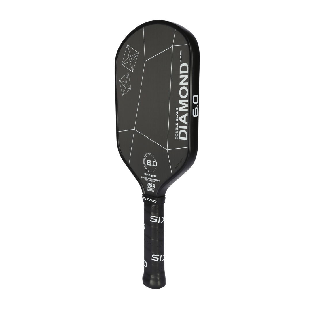 Six Zero Double Black Diamond Control Elongated paddle featuring revolutionary Raw Carbon Technology for precision and control.