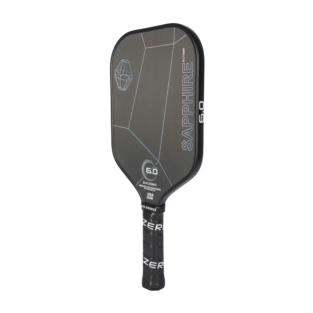 Six Zero Sapphire 2024 paddle featuring raw carbon face and lightweight design for power and control.