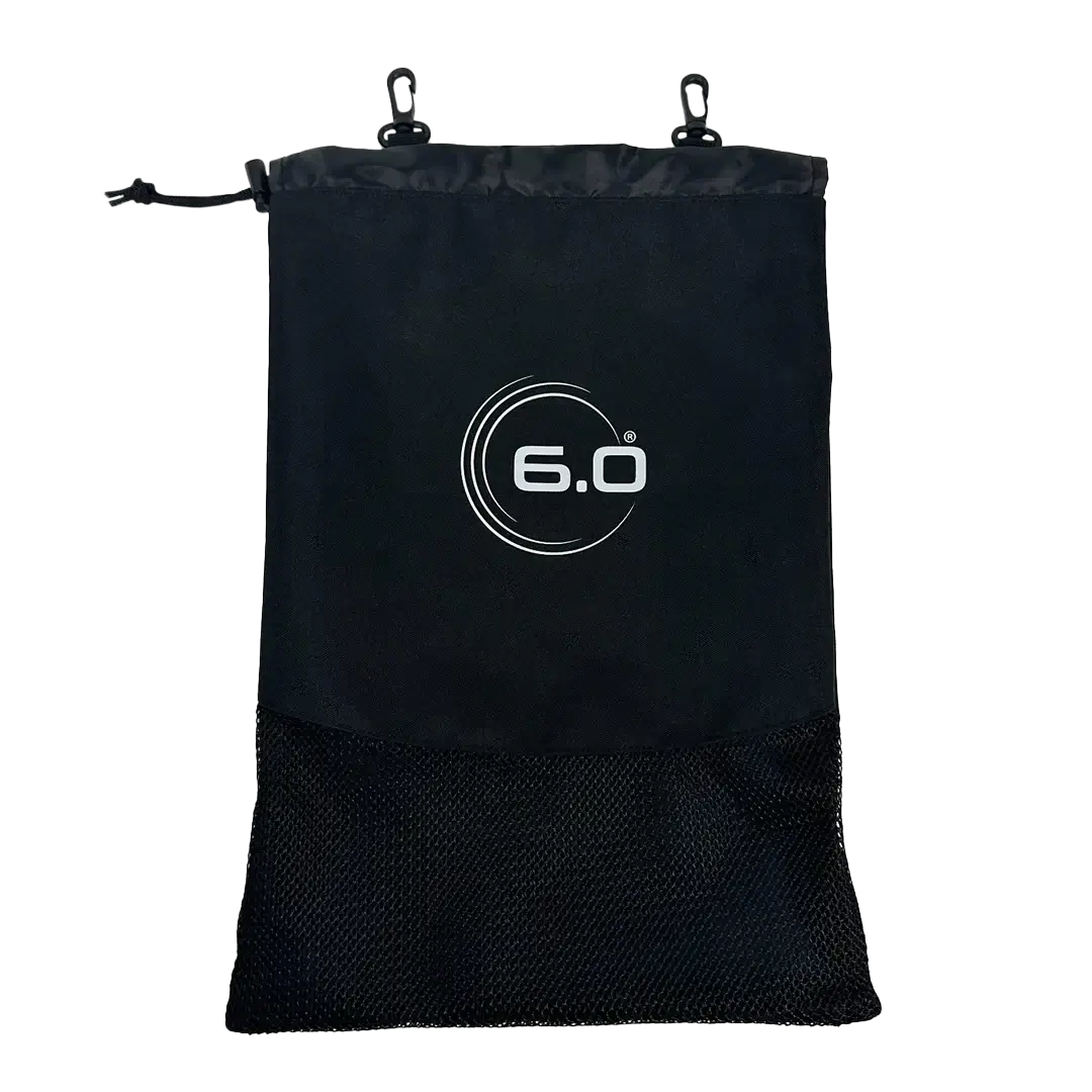 Black 6.0 drawstring bag with mesh bottom, perfect for carrying pickleball gear and accessories.