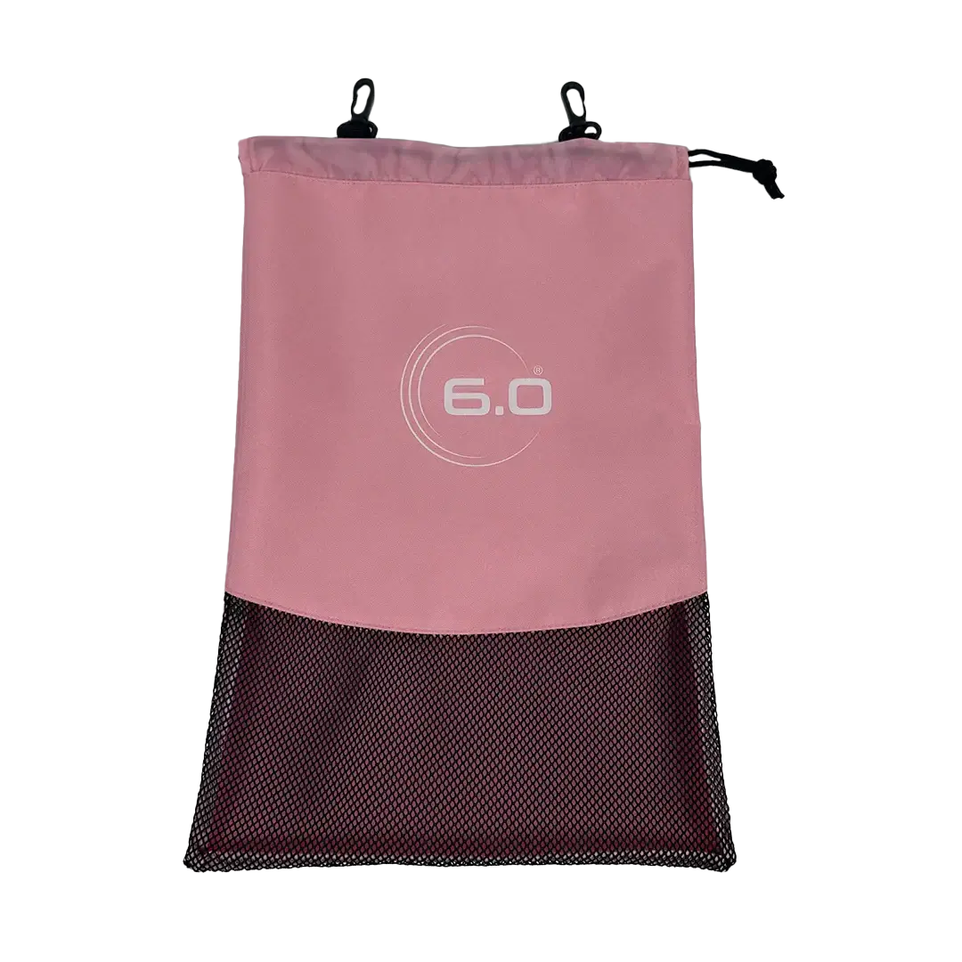 Pink drawstring bag with mesh bottom and 6.0 logo, perfect for pickleball gear and travel.