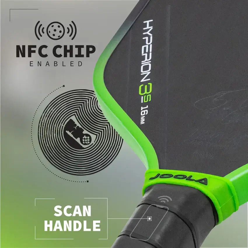 Close-up of JOOLA Hyperion 3S 16mm pickleball paddle handle featuring NFC chip technology.