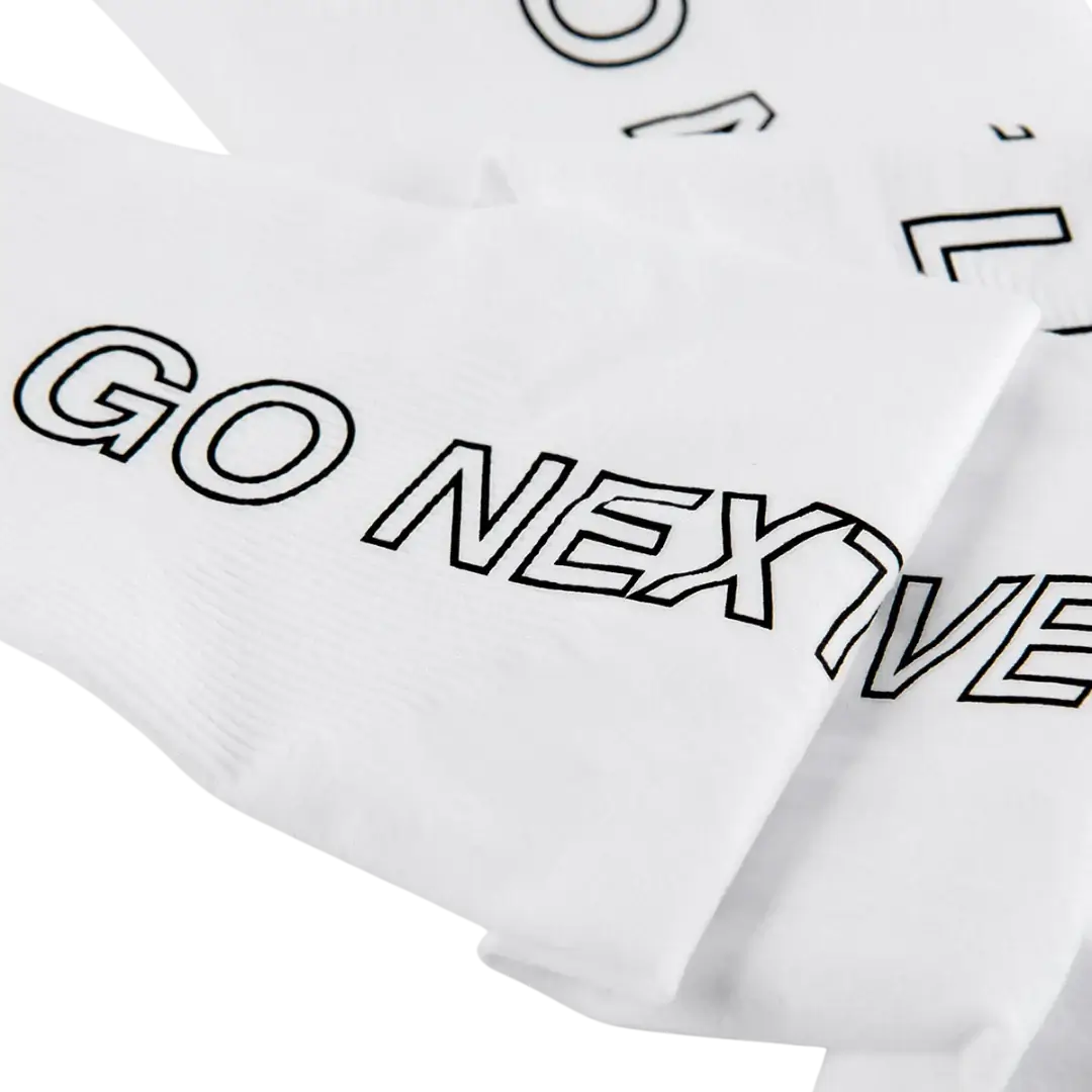 White arm sleeves with black text 'GO NEXT' for sun protection and muscle recovery.