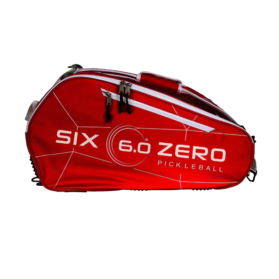 Six Zero Pro Tour Bag in red, designed for pickleball players for easy storage and transport of equipment.