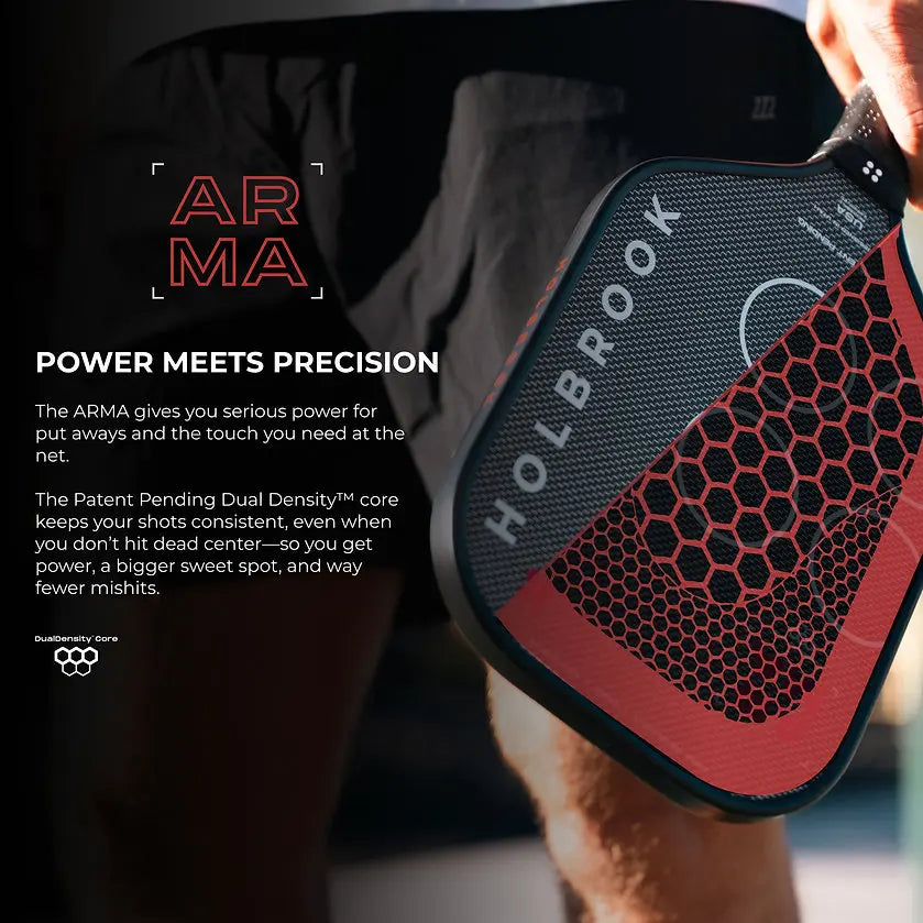 Holbrook Arma metallic paddle showcasing power and precision with a honeycomb design and ergonomic grip.