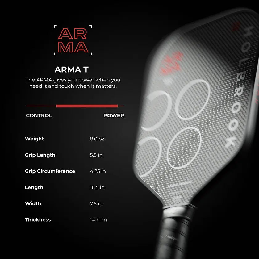 ARMA T paddle specifications including weight, grip length, and dimensions from Holbrook.
