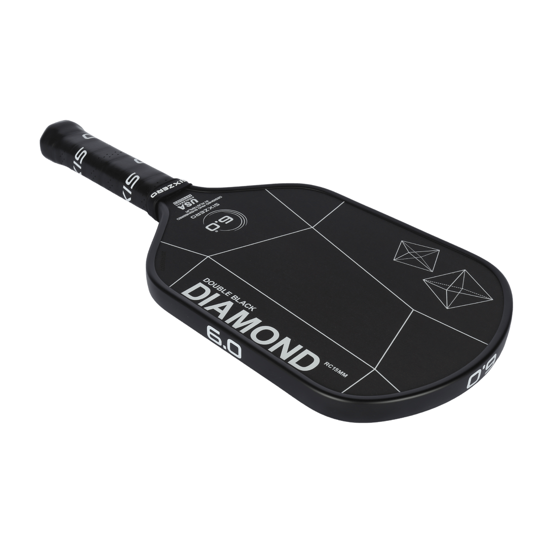 Six Zero Double Black Diamond Control Elongated pickleball paddle with Raw Carbon Technology.