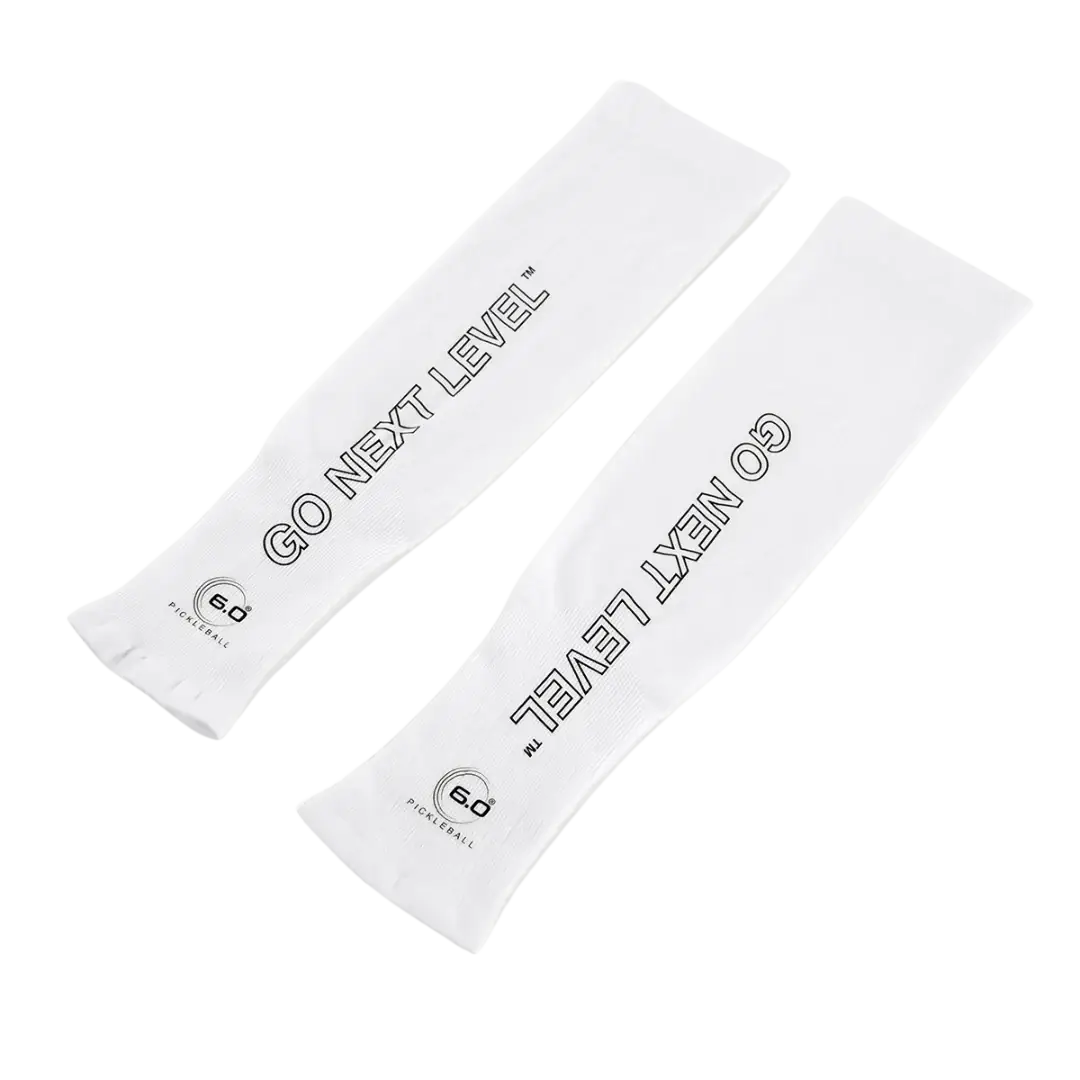 White Six Zero arm sleeves designed for sun protection and muscle performance, featuring 'GO NEXT LEVEL' text.