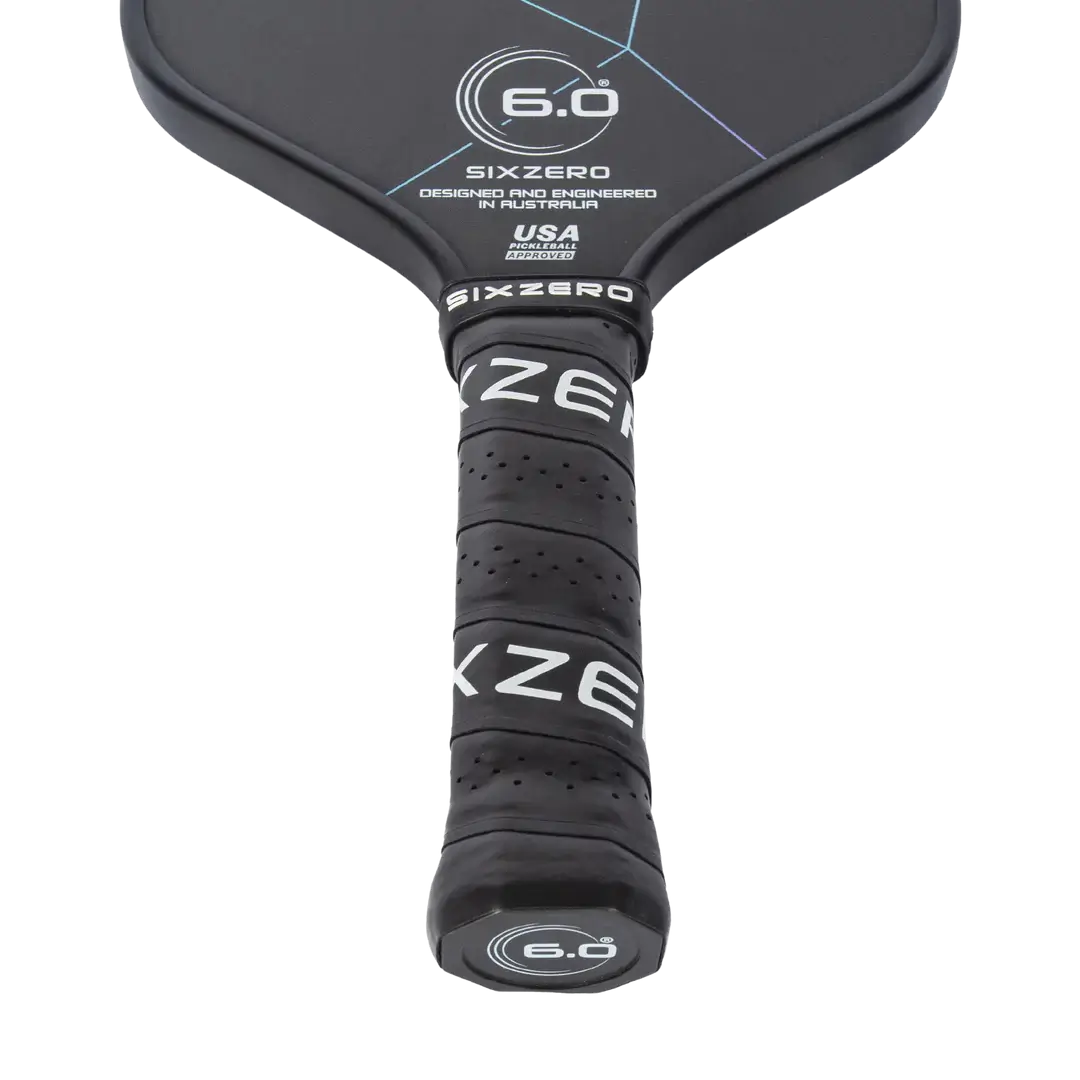 Six Zero Sapphire 2024 paddle grip detail showcasing raw carbon face and ergonomic design for enhanced control and power.