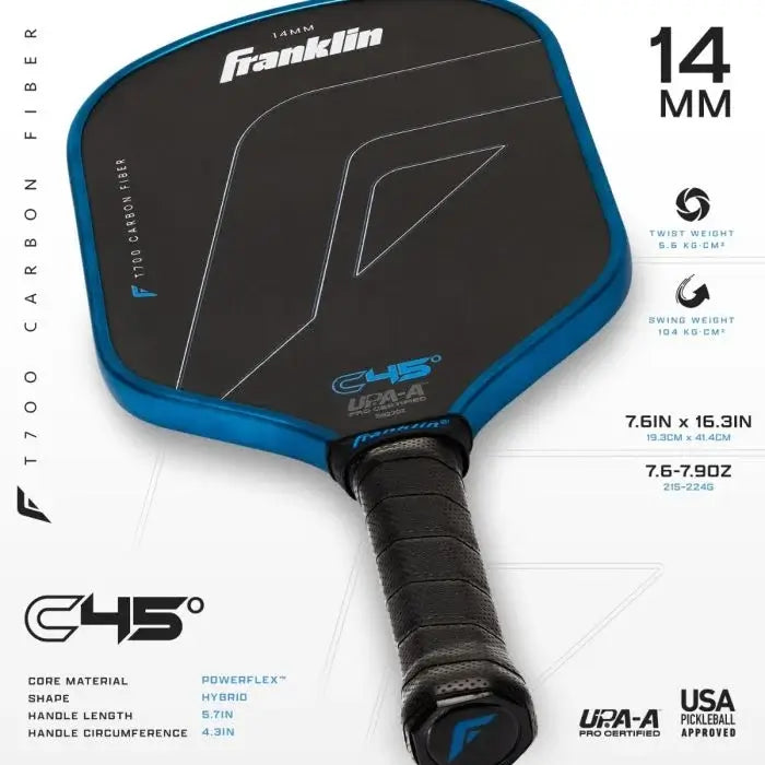 Franklin C45° Carbon Fiber Paddle features 14mm core, 5.7in handle, hybrid design for competitive pickleball.