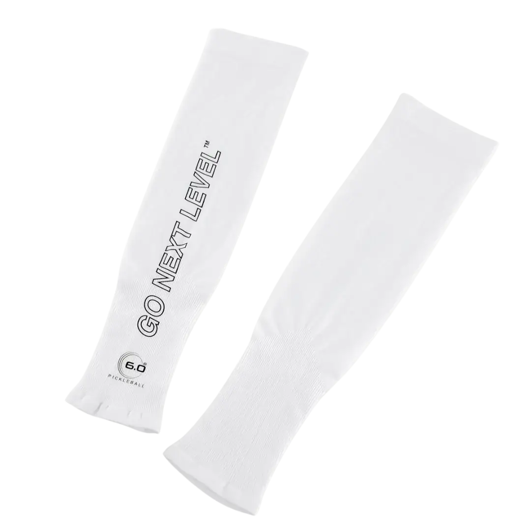 White Six Zero arm sleeves for sun protection and muscle recovery, featuring 'GO NEXT LEVEL' design, sold in pairs.