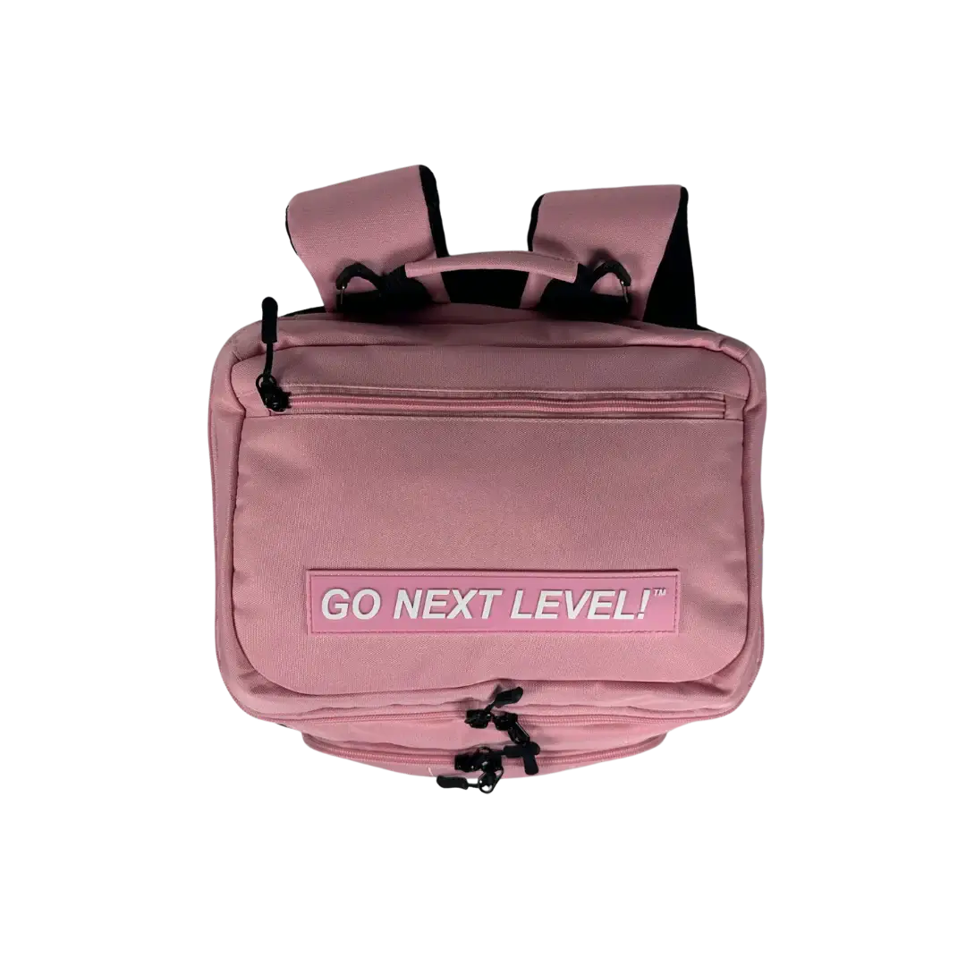 Pink Six Zero Performance Backpack with 'GO NEXT LEVEL!' slogan and adjustable straps.