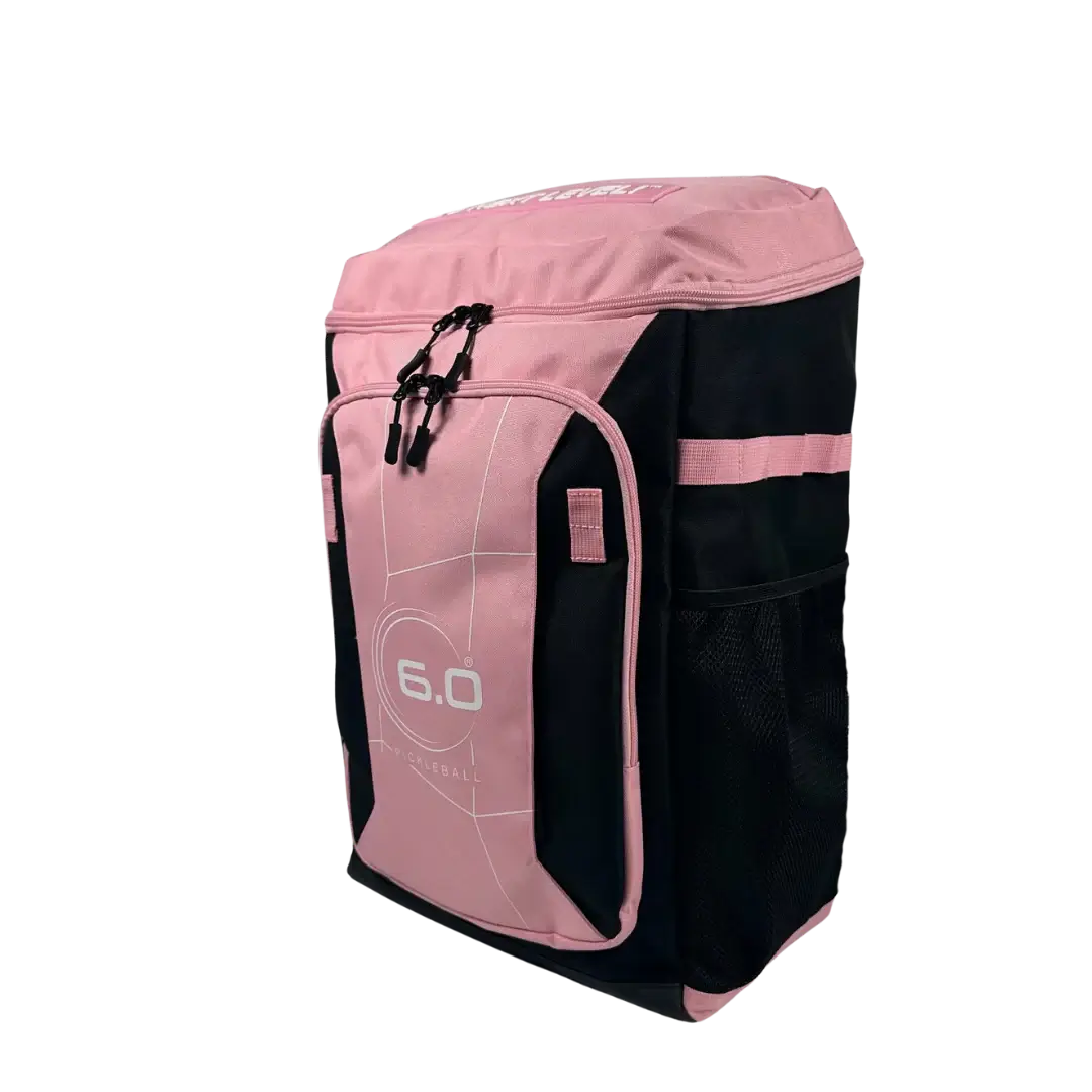 Six Zero Performance Backpack in pink and black, designed for pickleball, featuring durable construction and ample storage.