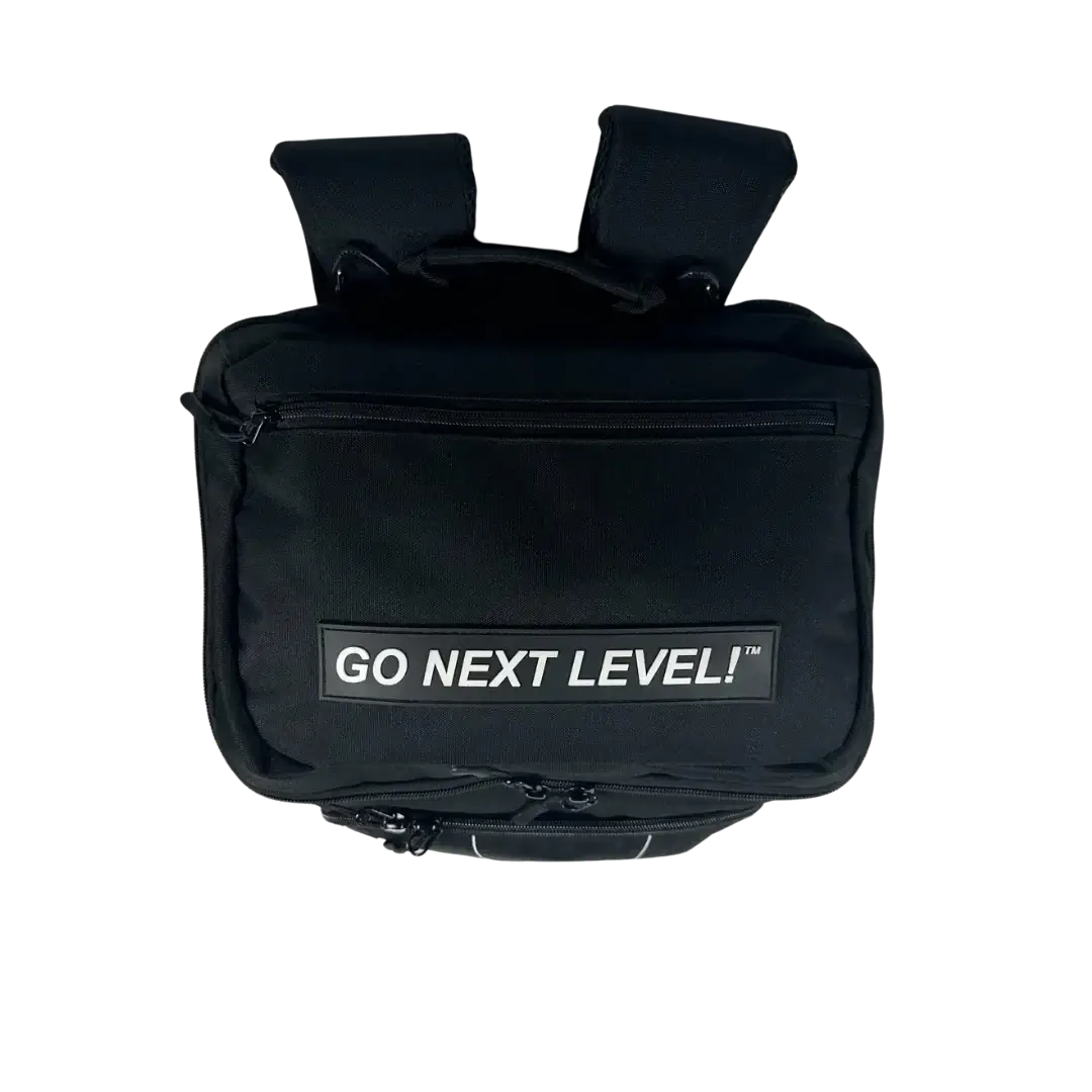 Black backpack with 'GO NEXT LEVEL!' slogan, featuring durable design for performance and travel.