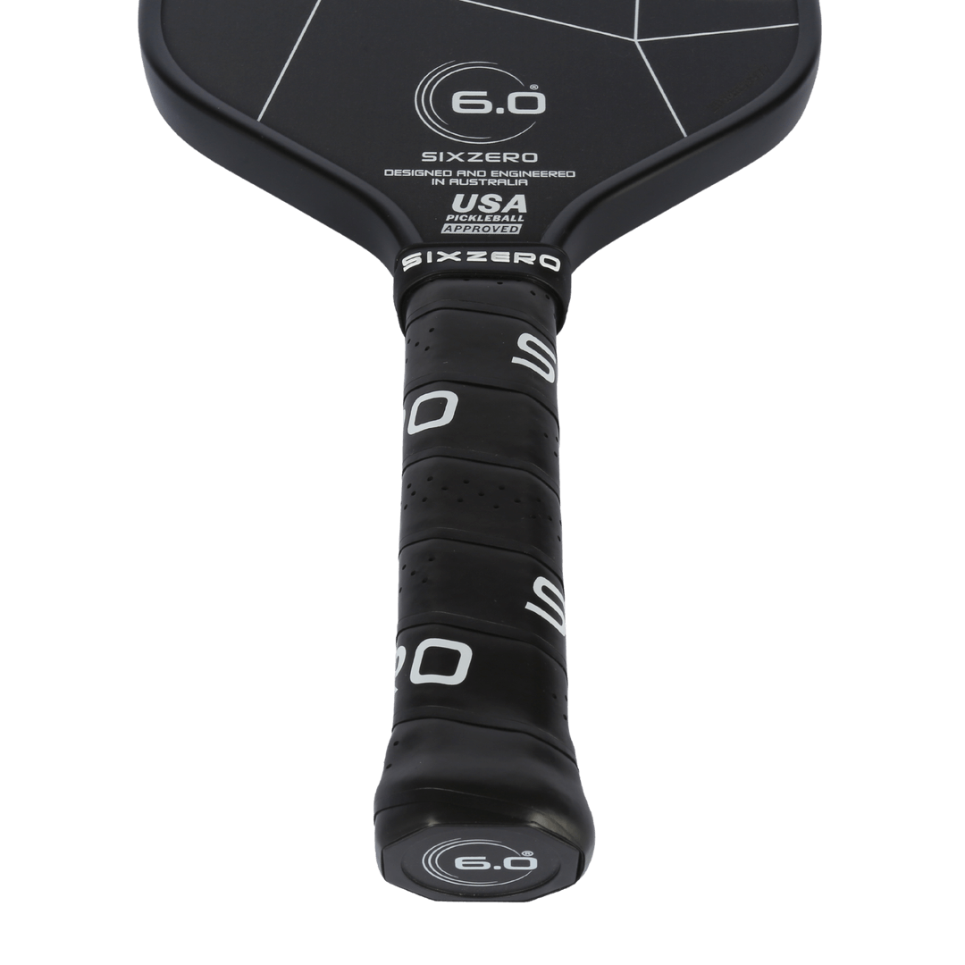 Six Zero Double Black Diamond pickleball paddle with Raw Carbon technology, designed for precision and control.