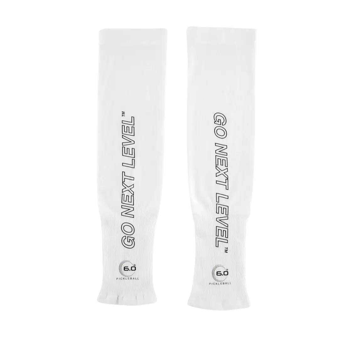 Six Zero arm sleeves in white with 'GO NEXT LEVEL' text, providing sun protection and muscle recovery.