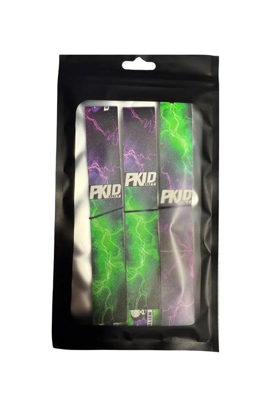 PKLDOUT full tape paddle edge tape in vibrant green and purple lightning designs for paddle protection.