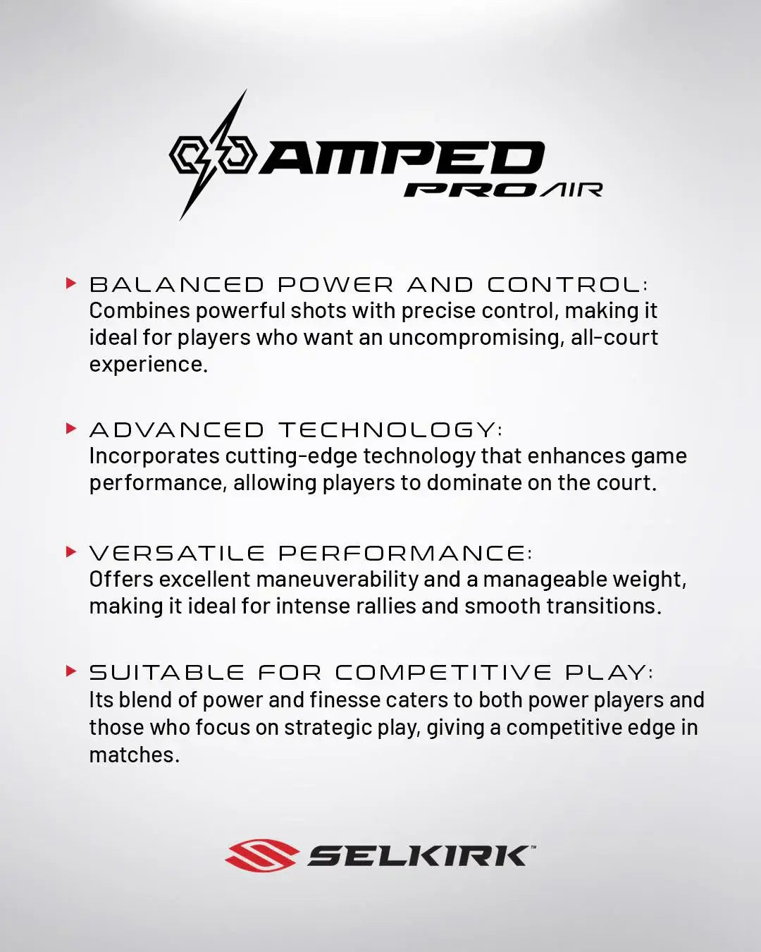 Product features of Selkirk AMPED Pro Air pickleball paddle highlighting power, control, technology, and versatility.
