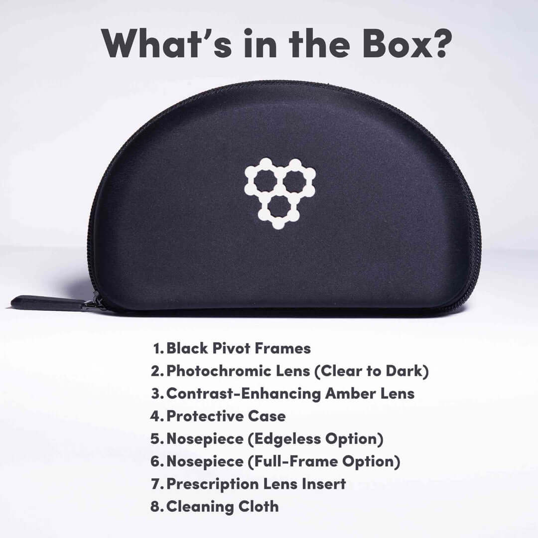 CRBN Pivot Pickleball Glasses case with listed contents: black frames, photochromic lens, contrast-enhancing amber lens, case, nosepieces, prescription lens insert, cleaning cloth