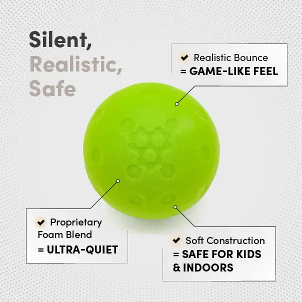 CRBN Quiet Pickleball highlighting silent foam blend, soft construction, and realistic bounce for indoor training.