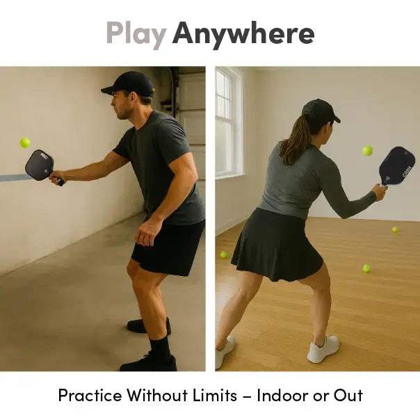 Two players practicing pickleball indoors and outdoors, showcasing versatility for training and skill improvement.