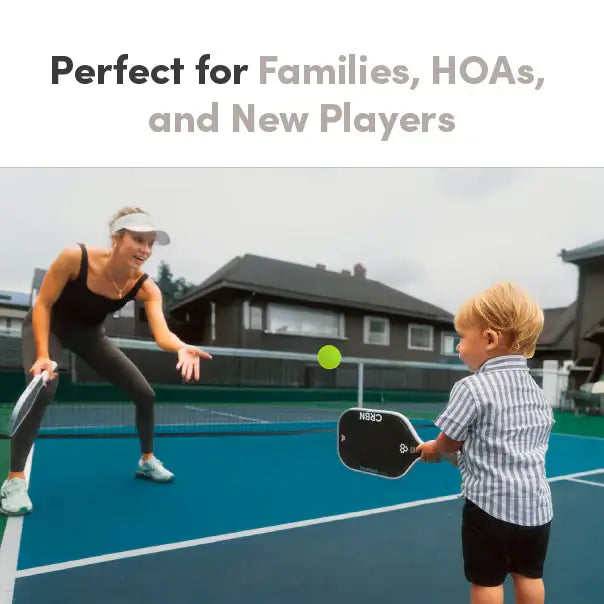 Family playing pickleball with CRBN Quiet Pickleballs, perfect for new players and community activities.