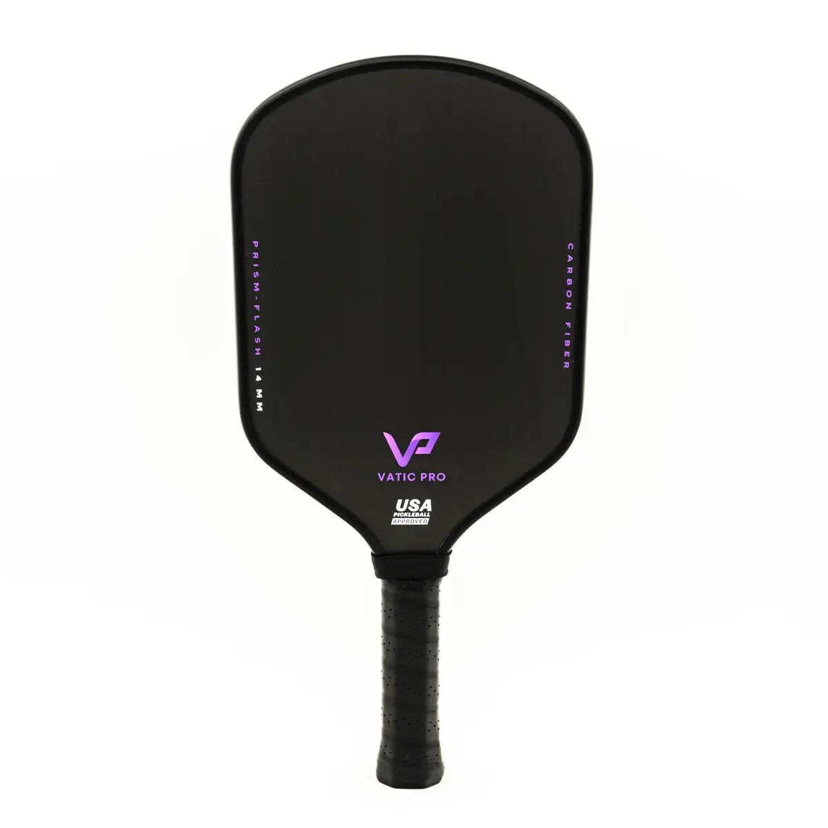 VATIC PRO PRISM FLASH 14mm carbon fiber pickleball paddle with a sleek black design and ergonomic grip.