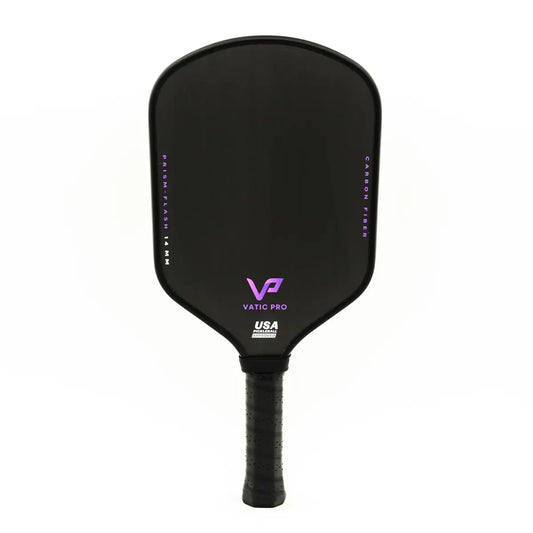 VATIC PRO PRISM FLASH 14mm carbon fiber pickleball paddle with a sleek black design and ergonomic grip.