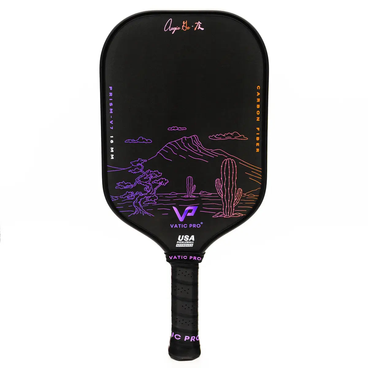 VATIC PRO Augie Ge Prism V7 paddle with unique cactus design, 16mm carbon fiber, honoring Augie's heritage.