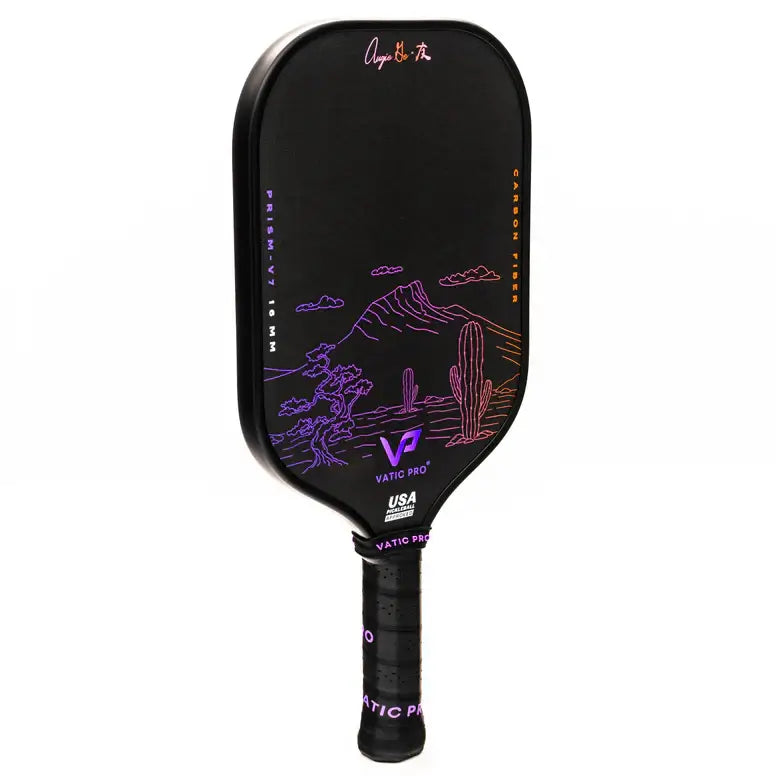 VATIC PRO Augie Ge Prism V7 paddle showcasing a black design with purple mountain and cactus graphics.
