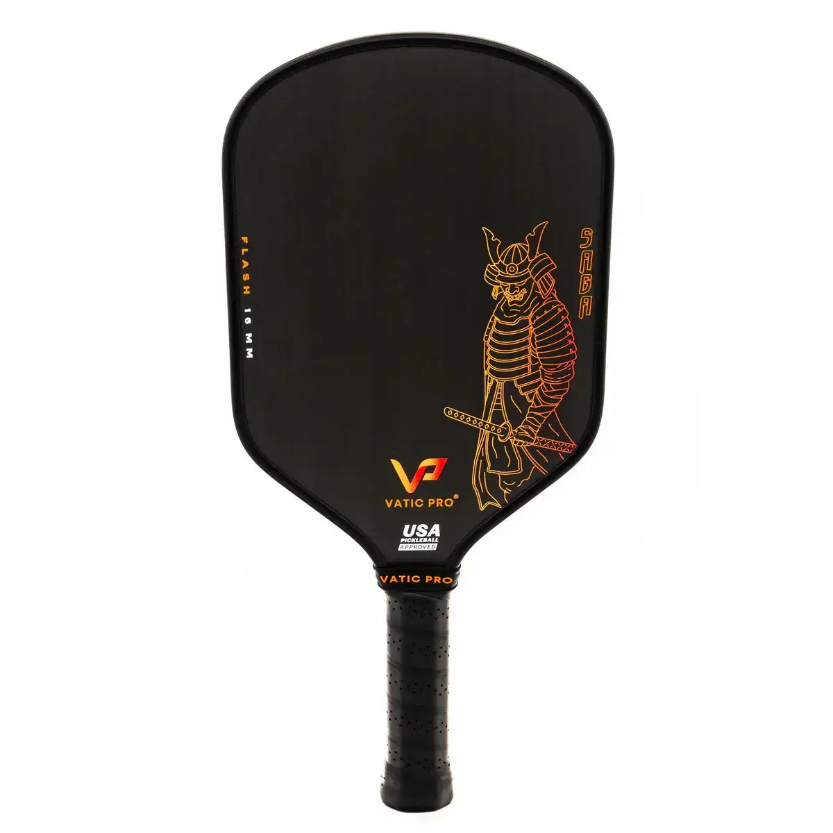 Vatic Pro Saga Flash 16MM paddle with standard handle featuring a samurai design and carbon fiber surface.
